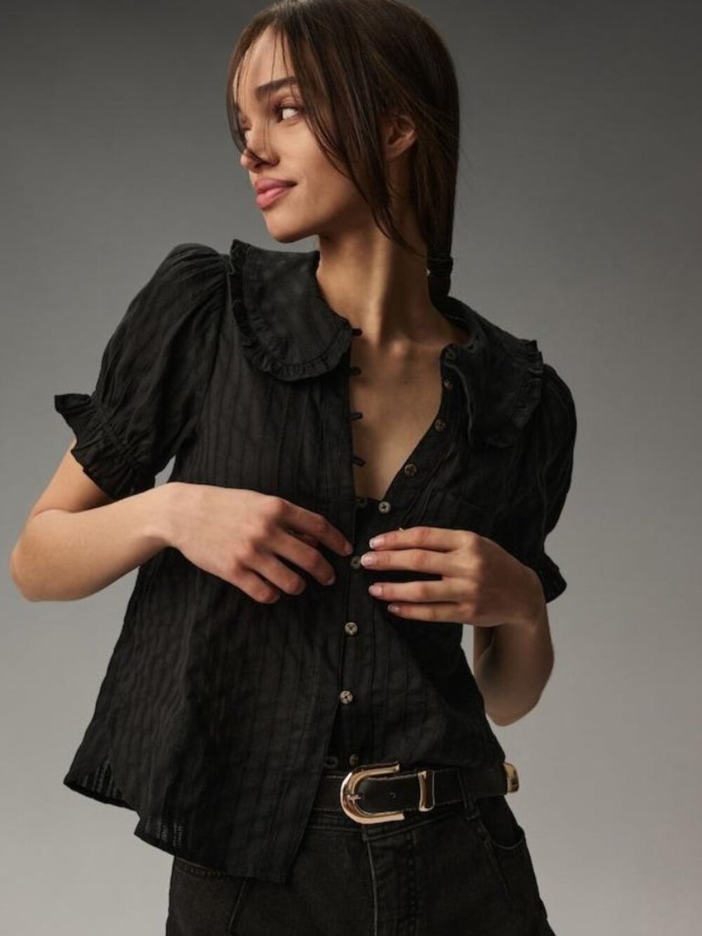 Anthropologie Pilcro Keira Black Ruffle Peter Pan Collar Blouse M
